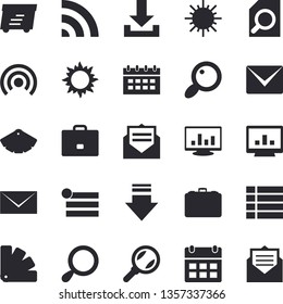 Solid vector icon set - color scheme flat vector, sun, case, magnifier, express delivery, computer chart, mail, menu, broadcast, download, calendar, message