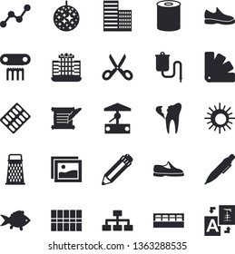 Solid vector icon set - color scheme flat vector, skyscraper, tile, scissors, spice, grater, fish, canned food, well, scatter chart, pill packaging, medical warmer, broken tooth, pencil, pen, sun