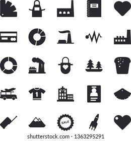 Solid vector icon set - color scheme flat vector, apron, bread, factory, forest, manufactory, credit card, sell out, heart, hospital, clircle diagram, badge, rocket, notebook, sport T shirt, luggage