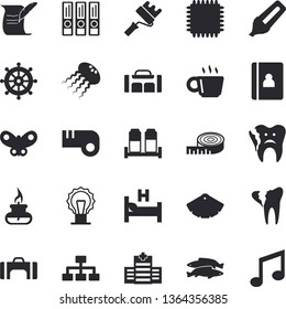Solid vector icon set - color scheme flat vector, paint roller, spice, fish, butterflies, marker, hospital bed, broken tooth, coffee, gas burner, hostory roll, cpu, folders for papers, centimeter