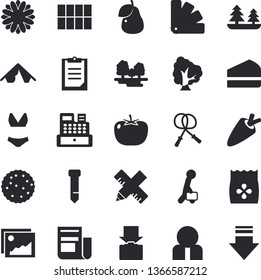 Solid vector icon set - color scheme flat vector, measure, tile, tomato, carrot, piece of cake, pear, biscuit, seeds, tree, flower, forest, person, news, cash machine, clipboard, tie, businessman