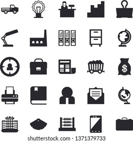 Solid vector icon set - color scheme flat vector, pickup truck, manufactory, mining, person, target audience, chart, wealth, briefcase, document, abacus, reading lamp, printer, archive, globe, case