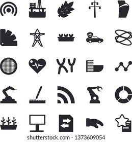 Solid vector icon set - color scheme flat vector, measure, potholder, sieve, seedlings, oil production platform, power line support, autopilot, robotics, billboard, scatter chart, chromosomes, hoop