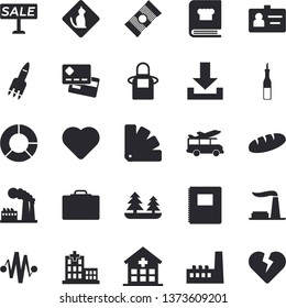 Solid vector icon set - color scheme flat vector, apron, cookbook, spaghetti, sauce, bread, factory, forest, manufactory, credit card, sell out, heart, hospital, clircle diagram, badge, rocket