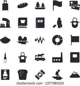 Solid vector icon set - color scheme flat vector, apron, cookbook, spaghetti, sauce, bread, factory, forest, manufactory, credit card, flag, clircle diagram, badge, notebook, hike, luggage, transfer