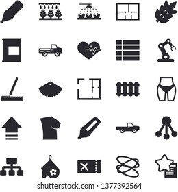 Solid vector icon set - color scheme flat vector, house layout, measure, heating batteries, potholder, pickup truck, sprinkling machine, hierarchy, marker, breast, industrial robot, heartbeat, hoop