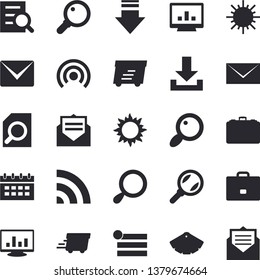 Solid vector icon set - color scheme flat vector, sun, case, magnifier, express delivery, computer chart, mail, menu, broadcast, download, calendar, message