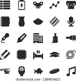 Solid vector icon set - color scheme flat vector, skyscraper, jugful, bread, spaghetti on a fork, fish, hose, paint brush, butterflies, battery, marker, scatter chart, pill packaging, hospital bed
