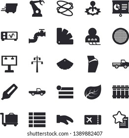 Solid vector icon set - color scheme flat vector, heating batteries, potholder, sieve, pickup truck, main pipeline, tree leaf, power line support, laser, robotics, billboard, marker, diagnostics