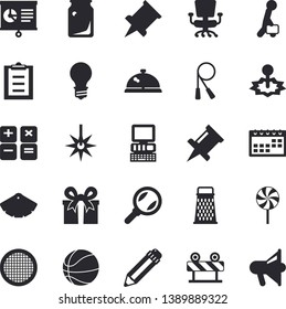 Solid vector icon set - color scheme flat vector, barrier, sieve, grater, lollipop, lamp, laser, glass bottles, magnifier, present, calculator, clipboard, calendar, chart, office chair, pencil