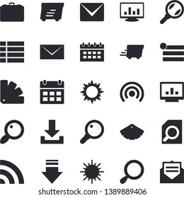 Solid vector icon set - color scheme flat vector, sun, case, magnifier, express delivery, computer chart, mail, menu, broadcast, download, calendar, message