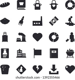 Solid vector icon set - color scheme flat vector, apron, cookbook, barbecue, spaghetti, bread, factory, manufactory, flag, heart, hospital, clircle diagram, badge, rocket, notebook, hike fector