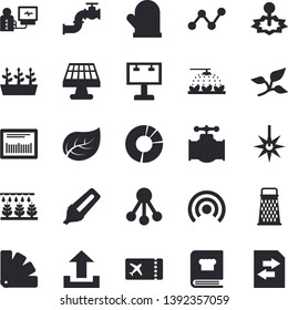 Solid vector icon set - color scheme flat vector, potholder, cookbook, grater, sprinkling machine, seedlings, solar battery, main pipeline, tree leaf, laser, billboard, hierarchy, marker, barcode
