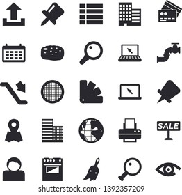 Solid vector icon set - color scheme flat vector, skyscraper, electric stove, sieve, cutlet, paint brush, main pipeline, location, earth, calendar, sell out, drawing pin, printer, laptop, magnifier