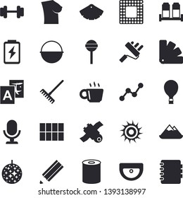 Solid vector icon set - color scheme flat vector, paint roller, sink, tile, cauldron, spice, canned food, lollipop, rake, battery, scatter chart, breast, coffee, pencil, satellit, cpu, dumbbell, sun