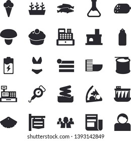 Solid vector icon set - color scheme flat vector, spring balance, mushroom, sausage, pizza, cupcake, fish, ice cream, seedlings, fireplace, battery, chemistry, hydroelectric power station, signboard