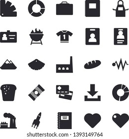 Solid vector icon set - color scheme flat vector, apron, barbecue, spaghetti, bread, factory, manufactory, credit card, heart, clircle diagram, badge, rocket, notebook, electric discharge fector