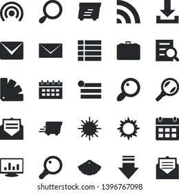 Solid vector icon set - color scheme flat vector, sun, case, magnifier, express delivery, computer chart, mail, menu, broadcast, download, calendar, message