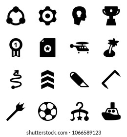 Solid vector icon set - community, gear vector, head bulb, cup, gold medal, certificate, helicopter, palm, trip, chevron, work knife, staple, wood drill, soccer ball, baby carousel, toy boat