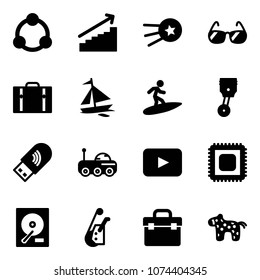 Solid vector icon set - community, growth vector, first satellite, sunglasses, suitcase, sail boat, surfing, piston, usb wi fi, moon rover, playback, cpu, hdd, winch, tool box, toy horse