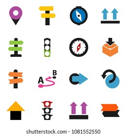 solid vector icon set - compass vector, arrow up, signpost, traffic light, top sign, package, route, undo, pin