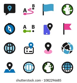 solid vector icon set - compass vector, world, flag, navigator, earth, map pin, traking, route, connection, globe