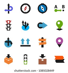 solid vector icon set - compass vector, route, signpost, traffic light, top sign, package, arrow, pin