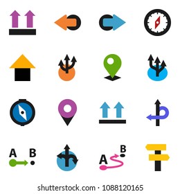 solid vector icon set - compass vector, arrow up, route, top sign, pin, signpost