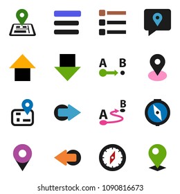 solid vector icon set - compass vector, arrow down, up, navigator, map pin, tracking, route, menu