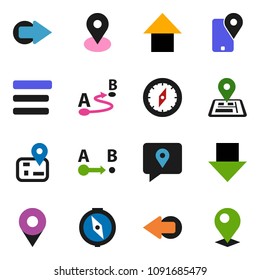 solid vector icon set - compass vector, arrow down, up, navigator, map pin, tracking, route, menu