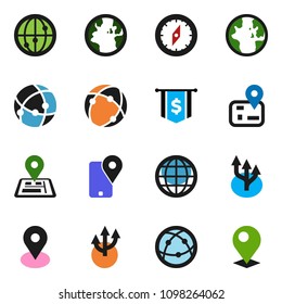 solid vector icon set - compass vector, world, dollar flag, navigator, earth, map pin, tracking, internet, connection, globe, route arrow