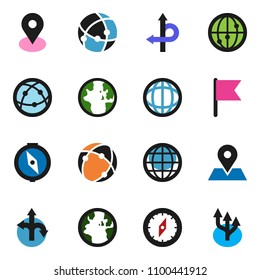 solid vector icon set - compass vector, world, flag, route, earth, map pin, internet, connection, globe, arrow