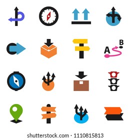 solid vector icon set - compass vector, route, signpost, traffic light, top sign, package, arrow, pin