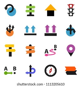 solid vector icon set - compass vector, arrow up, route, signpost, traffic light, top sign, undo, pin