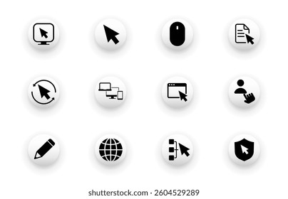 Solid vector icon set with computer, click, web, mouse, device icons.