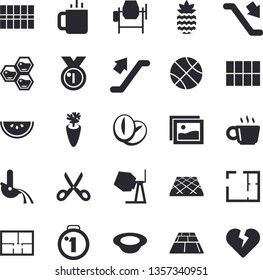 Solid vector icon set - concrete mixer flat vector, house layout, tile, flooring, scissors, watermelon, dish, coffee beans, carrot, tea, pineapple, honeycomb, metallurgy, medal, basketball, gallery
