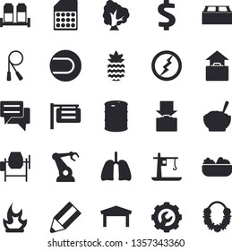 Solid vector icon set - concrete mixer flat vector, repair, brick, spice, salad, porridge, pineapple, tree, bonfire, oil tanks, crane, robotics, SIM card, signboard, warehouse, dollar, chat, lungs