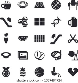 Solid vector icon set - concrete mixer flat vector, tile, flooring, scissors, watermelon, dish, coffee beans, carrot, pineapple, honeycomb, metallurgy, dna, medal, basketball, escalator fector