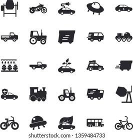 Solid vector icon set - concrete mixer flat vector, pickup truck, tractor, sprinkling machine, eco cars, electric, autopilot, trucking, express delivery, lunar rover, ufo, bicycle, train fector, car