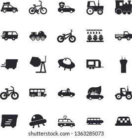 Solid vector icon set - concrete mixer flat vector, pickup truck, tractor, sprinkling machine, eco cars, autopilot, trucking, express delivery, ambulance, lunar rover, ufo, bicycle, train fector