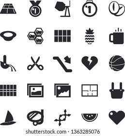 Solid vector icon set - concrete mixer flat vector, house layout, tile, flooring, scissors, watermelon, dish, coffee beans, tea, pineapple, honeycomb, metallurgy, dna, medal, basketball, windsurfing