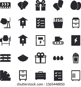 Solid vector icon set - concrete mixer flat vector, tool bag, color scheme, switch box, egg, French fries, popcorn, nesting, conveyor, present, to do list, paper tray, archive, boxing gloves