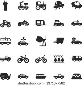 Solid vector icon set - concrete mixer flat vector, pickup truck, tractor, sprinkling machine, eco cars, electric, autopilot, trucking, express delivery, ambulance, lunar rover, ufo, bicycle, car