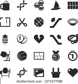 Solid vector icon set - concrete mixer flat vector, house layout, tile, scissors, dish, coffee beans, tea, pineapple, honeycomb, metallurgy, dna, medal, basketball, escalator fector, swimming mask