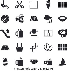 Solid vector icon set - concrete mixer flat vector, house layout, tile, flooring, scissors, watermelon, dish, coffee beans, carrot, tea, pineapple, honeycomb, metallurgy, dna, basketball