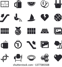 Solid vector icon set - concrete mixer flat vector, house layout, tile, flooring, watermelon, dish, coffee beans, tea, honeycomb, metallurgy, dna, medal, basketball, escalator fector, windsurfing