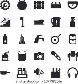 Solid Vector Icon Set - Concrete Mixer Flat Vector, Sink, Repair, Brick, Stationery Knife, Heating Batteries, Faucet, Saute, Teflon, Electric Kettle, Coffee Grinder, Pulverizer, Hose Irrigation