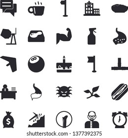 Solid vector icon set - concrete mixer flat vector, pipes, hot dog, cake, porridge, pulverizer, pool, tree leaf, mining, wealth, chat, hospital, virus, bone fracture, stomach, coffee, office worker