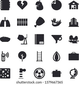 Solid vector icon set - concrete mixer flat vector, ladder, tile, saucepan, cheese, porridge, ham, hot peppers, pear, tree, forest, radiation, lighthouse, funnel, phone call, warehouse, lungs, heart