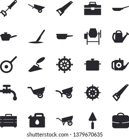 Solid vector icon set - concrete mixer flat vector, trowel, wheelbarrow, saw, tool bag, saucepan, frying pan, saute, teflon, whisk, watering can, garden, water tap, canister, scalpel, steering wheel